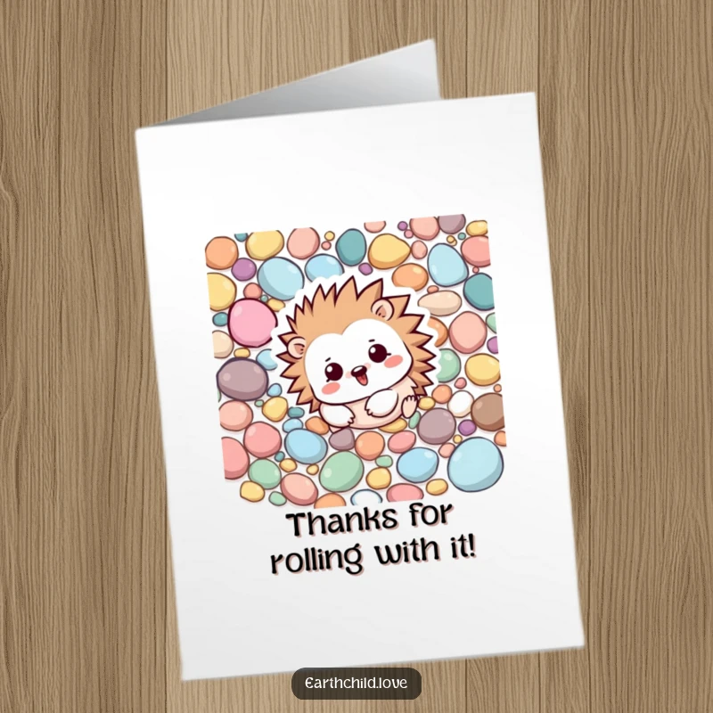 Funny Free Printable Thank You Card: A Kawaii hedgehog playing amongst colorful pebbles, sending thanks.