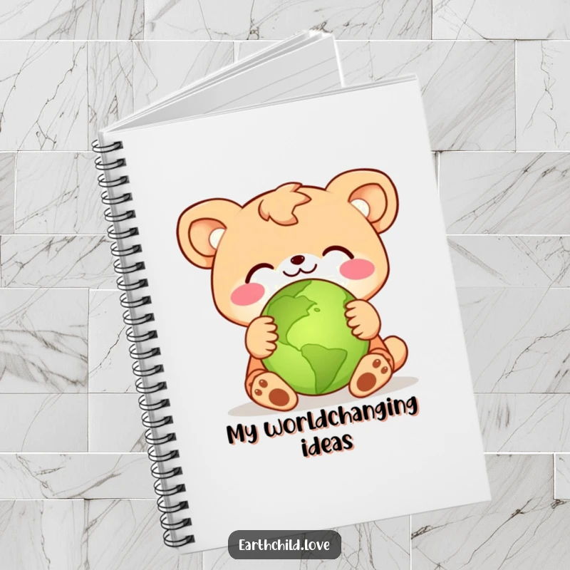 Funny animal character hugging a small green planet, featured on the cover of a humorous notebook.