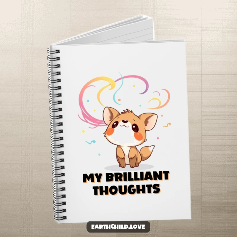 Funny curious animal character looking up at colorful, swirling winds, on the cover of a notebook.