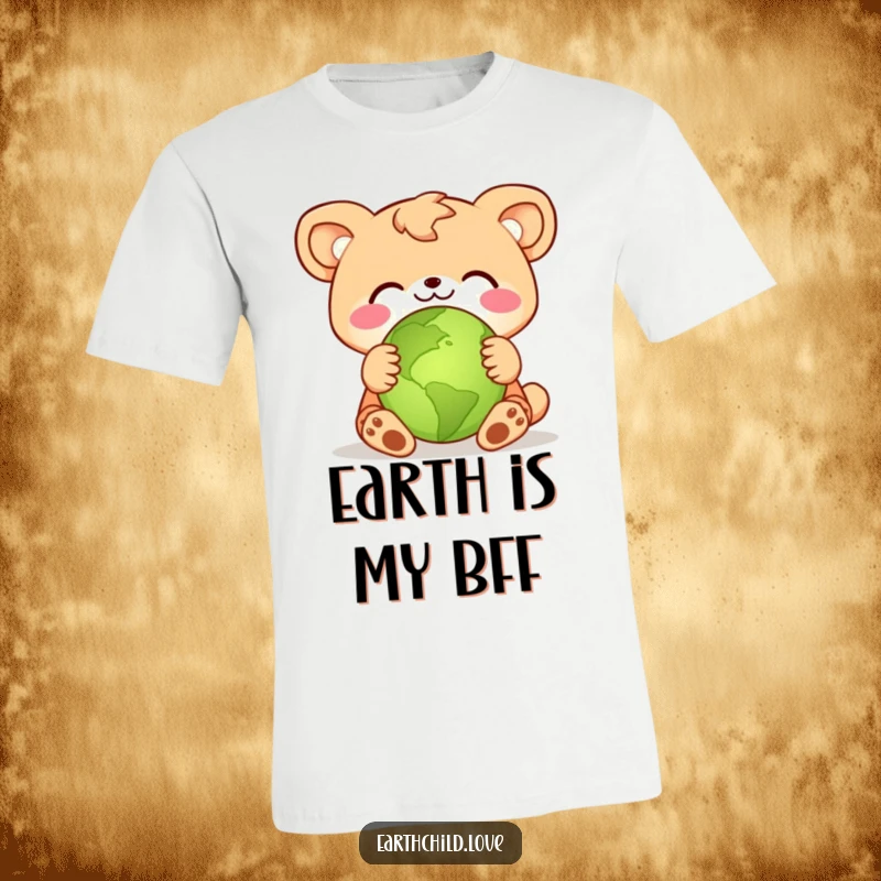 Funny animal character in a warm embrace around a small green planet, printed on a comfortable t-shirt.
