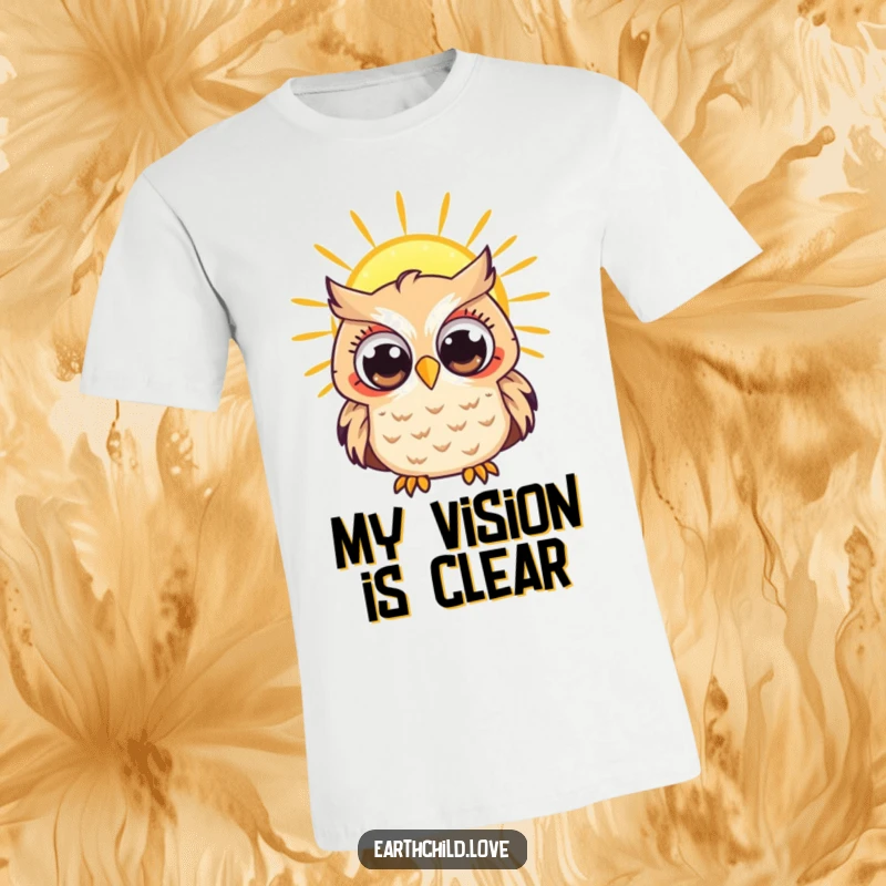Funny Kawaii owl character with big, curious eyes observing a brilliant sun, a unique t-shirt design.