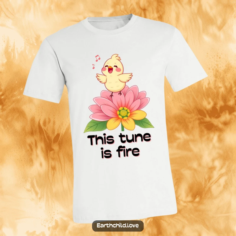 Funny Kawaii bird character singing joyfully on a stylized flower, showcasing a vibrant and cheerful design for t-shirts.