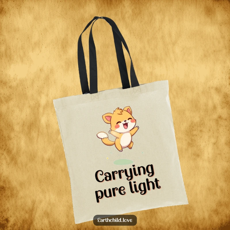 Funny energetic animal character playfully leaping through sunbeams, on a durable tote bag.