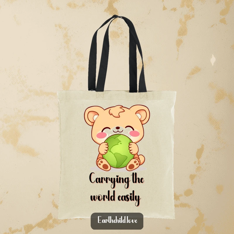 Funny animal character embracing a small green planet, printed on a durable and humorous tote bag.