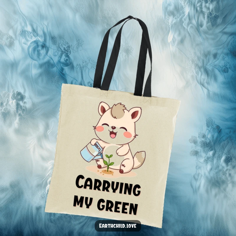 Funny joyful animal character watering a tiny seedling with a smiling sprout, on a durable tote bag.