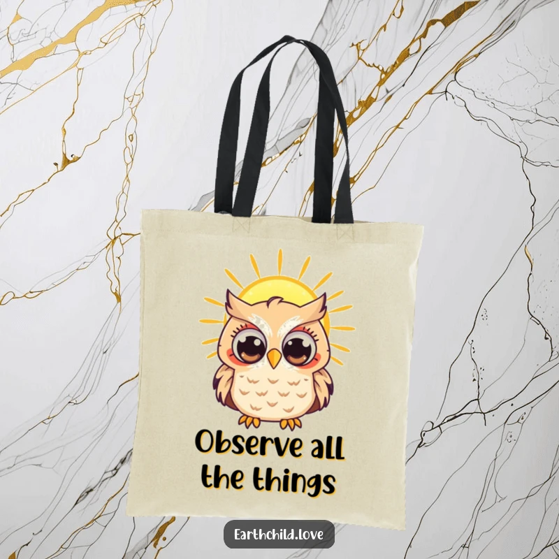 Funny Kawaii owl character with wide, curious eyes looking at a radiant sun, a practical tote bag.